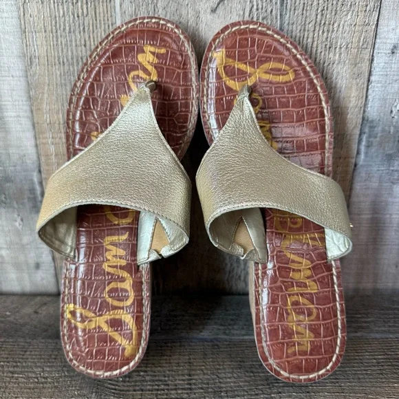 Womens Sam Edelman Rose Gold Metallic Leather Cork Wedge Thong Sandals Size 9.5 - Picture 7 of 10
